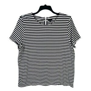 Talbots Black & White Striped Crew Neck Top Size Large Back Zipper Short Sleeve